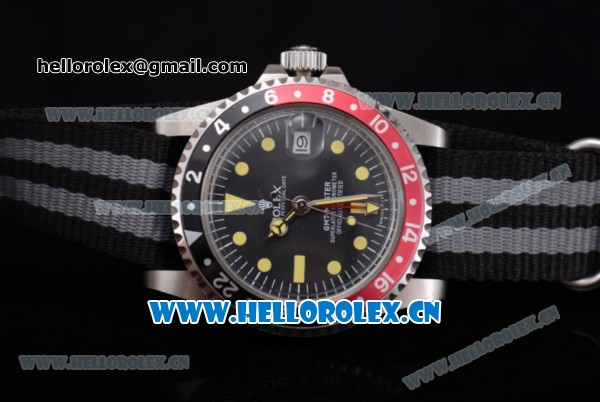 Rolex GMT-Master Asia 2813 Automatic Steel Case with Black Dial Black/Grey Nylon Strap and Yellow Markers - Click Image to Close